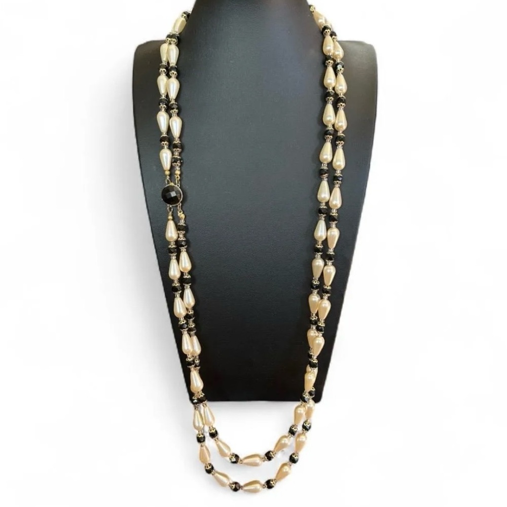 Vintage Glass Pearl and Black Glass Bead Double Strand Necklace